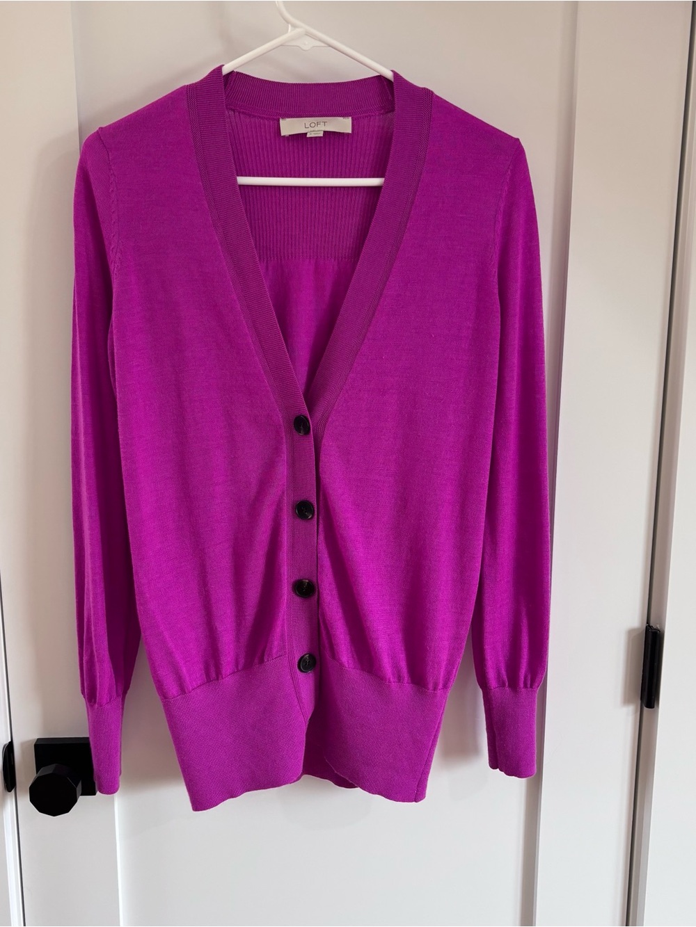 LOFT Wool Blend Fuchsia Magenta V-Neck Button Cardigan Sweater S